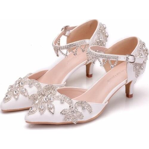 Crystal Queen 5CM Heel Women Shoes Dress Heels White Matte Rhinestone Tassels Wedding Mary Janes High heels Princess Pointed Toe