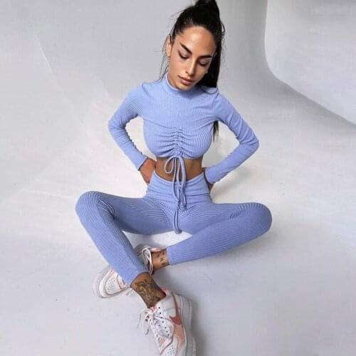 Ribbed Knitted Two Piece Sets Women Streetwear Outfits For Women Solid Color 2 Piece Set Long Sleeve Crop Top Pants Suit