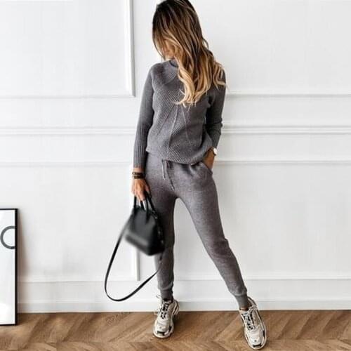 Knitted Women Two-piece Set Turtleneck Solid Casual Pullover Long Sleeve Tops Sweater Trousers Pencil Pants Streetwear Outfits