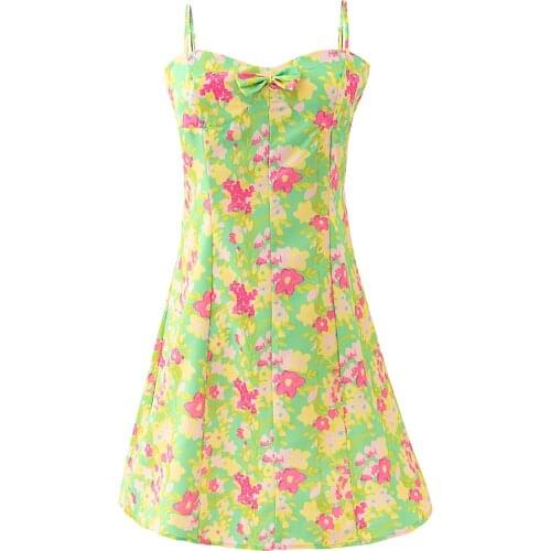 Women Summer Slip Dress Adults Slim Fit Floral Print V-Neck Adjustable Spaghetti Strap Bowknot