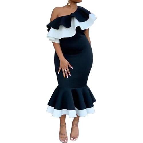 Elgeant Dress Women For Wedding Party Ruffles One Shoulder Bodycon Mermaid Mid Calf Sexy Evening Night Robes Dresses Midi Cloth