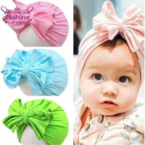 Nishine Soft Skin-friendly Knitting Cotton Infant Indian Hat Solid Color Handmade Bows Baby Caps Kids Accessories Birthday Gifts