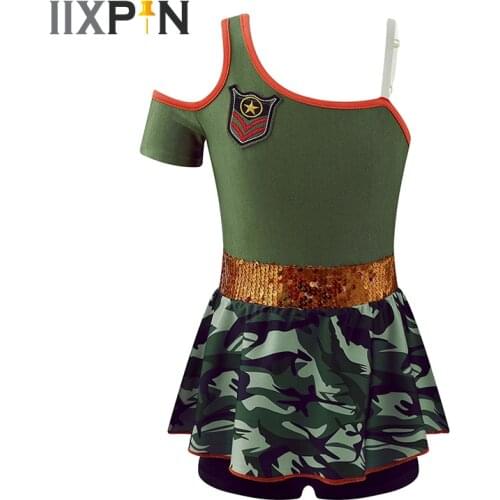 Kids Girls Police Cosplay Costumes Sequins Camouflage Print Skirt Hem Short Jumpsuit Bodysuit For Halloween Role Play Party