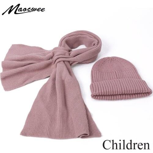 Children Winter Skullies Beanies And Scarf Set Solid Color Knitted Thick Warm Bonnet For Girls And Boy Simple Kids Hat Scarf Set