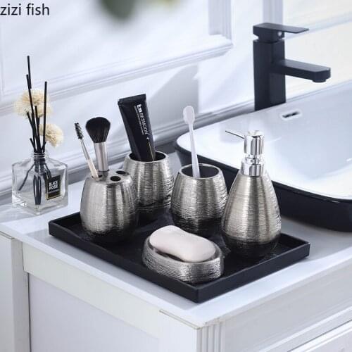 European Style Silver Brushed Embossed Bathroom Toilet Set Toothbrush Holder Mouthwash Cup Soap Dish Kitchen Bathroom Decoration
