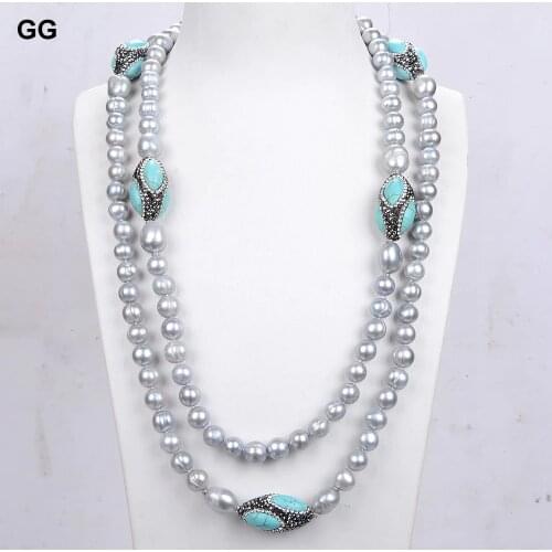 GuaiGuai Jewelry 52'' 20mm Grey Keshi Pearl Blue Turquoise CZ Paved Long Necklace