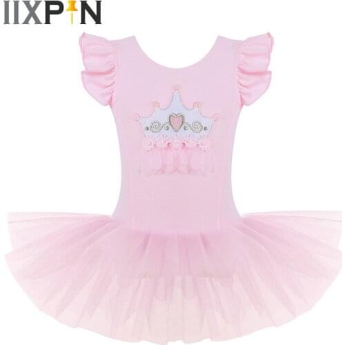 IIXPIN Girls Ballet Dress ballerina Dress Kids Mesh Ruffled Sleeves Crown Applique Ballet Dance Gymnastics Leotard Tutu Dress