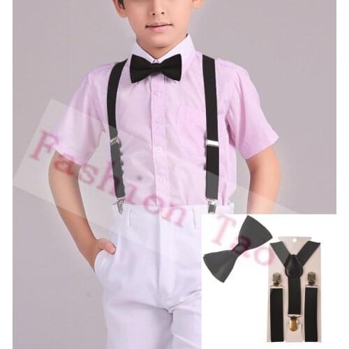 2 PCS Black Solid Color Children Kids Bowtie Butterfly Braces Sets Boys Suspenders Wedding Kids Bow tie Wtr0003a03