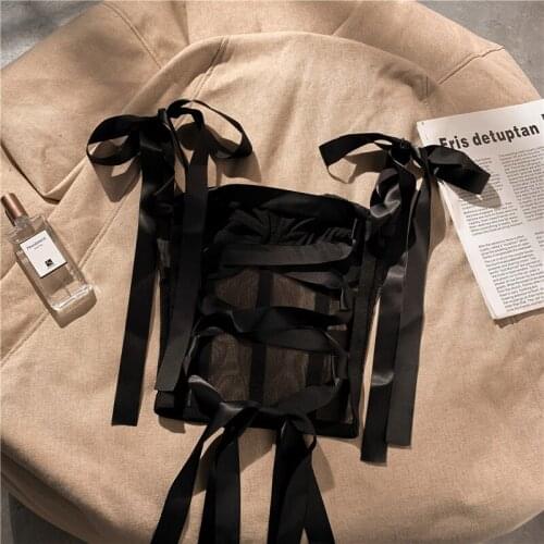 French Cross Bandage Camis Crop Top Women Patchwork Hollow Sexy Corset Top Femme Lace-Up Slim Tank Thin Sling Clothes Ropa Mujer