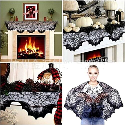 Fashion Halloween Fireplace Cover DIY Decoration Bat Spider Black Table Cloth Western Halloween Table Banner Festival Tablecloth