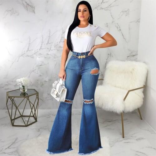 Fashion Denim Ripped Flare Pants Women Vintage High Waist Flare Jeans Sexy Bell-Bottoms Pant Boot Cut Trousers