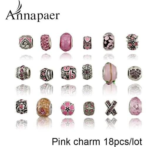 Fashion 18pcs/Lot Jewelry Clips Pink Crystal Beads Alloy Charm European Flower Bead Fit Pandora Diy Bracelet & Bangles For Women