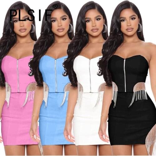 Fashion Strapless Solid Skirt Set Sheath Two 2 Piece Sets Active Tracksuit Sporty Summer Outfits