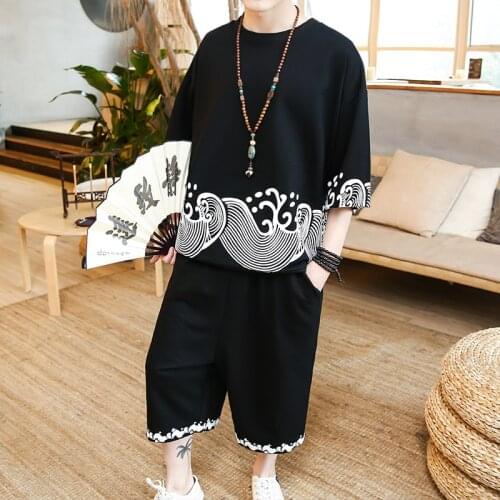Chinese Style Men Summer Suit Personalized Printing Knit T-shirt + Pants