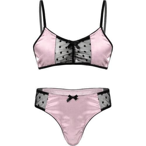 Men Sissy Sexy Lingerie Suit Underwear Nightwear Sheer Mesh Patchwork Adjustable Spaghetti Strap Bra Tops with Briefs Thongs Set