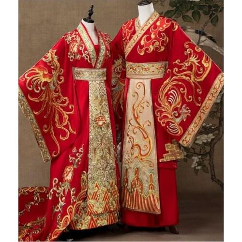 YFL Han Dynasty Traditional Wedding Costume Sets for Male Female Couple Heavy Embroidery Gorgeous Tailed Wedding Hanfu Bride