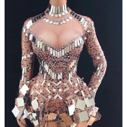 New Flesh color long sleeve sexy womens stage performance clothes with sequins