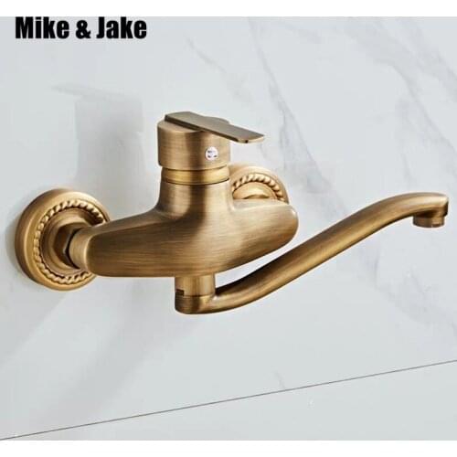 Single handle Antique brass wall faucet with long spout wall mounted kitchen mixer hot and cold antique brass faucet