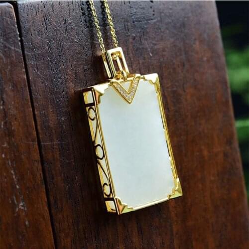 Newsilver inlaid natural Hetian white jade Rectangular Pendant Necklace Chinese style retro elegant light luxury womens jewelry