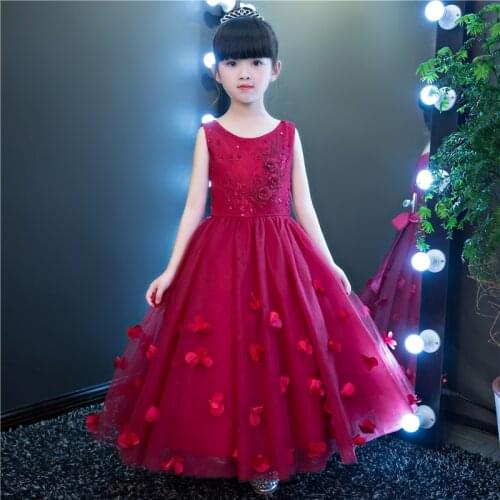 Elegant Red Tulle Flower Girl Dress For Weddings Appliques Party Pageant Princess Gown Long Kid First Communion Dresses
