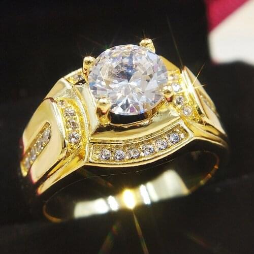 Luxury Gold Tone Mens Rings with 1 ct Clear Cubic Zirconia Size 7-12