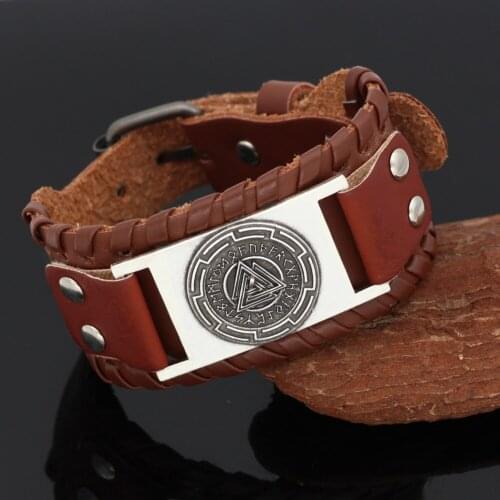 Nordic viking odin symbol valknut rune leather amulet bracelet with Valknut Gift bag - size 19-25 cm