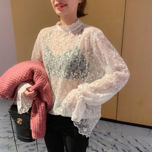 Woman Blouses Fall 2019 White Lace Blouse Bell Sleeve Blouse Streetwear Ladies Sexy Long Sleeve Blouses Korean See Through Top