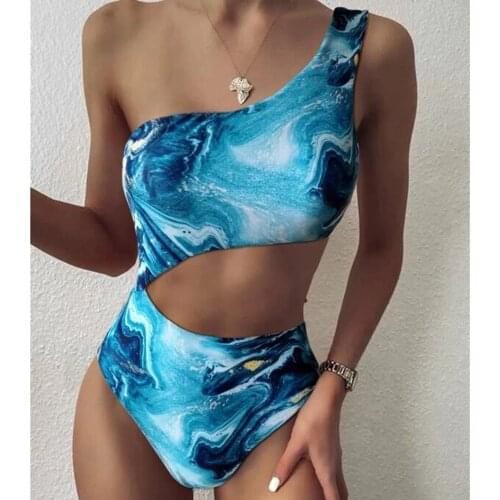 Femme Boho Women Bra One-piece Bikini Set Ladies Sexy Star Blue Print Swimwear One-shoulder Swimsuit купальники женские 2021