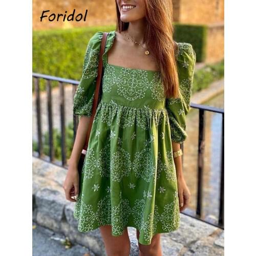 Foridol Embriodery Hollow Out Green Summer Dress Women Puff Sleeve Casual Loose Short Mini Boho Dress Vintage Dress 2021