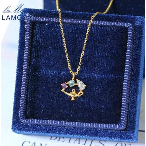 LAMOON Natural Topaz Gemstone Necklace For Women 925 Sterling Silver Pendant Fairy Tale Magic Lamp 14K Gold Plated Fine Jewelry