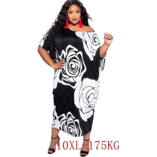 New style plus size dress 6XL-10XL bust 170CM fashion womens high stretch round neck bat sleeve printing casual straight dress