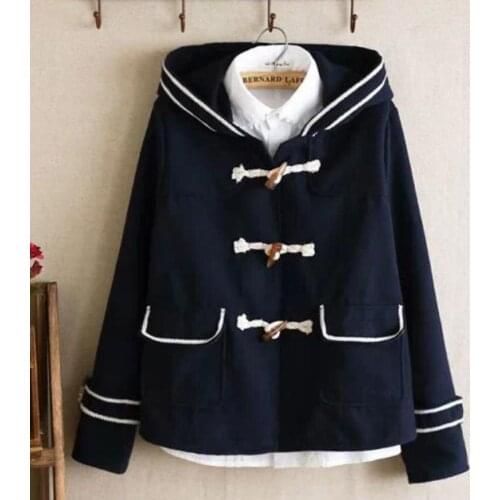 Japanese Style preppy style Horn Button Woolen Coat Women Slim Navy Hooded Warm Winter Blends Jacket School Uniforms