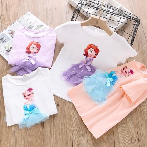 2021 Elsa Aurora Childen Girl Summer Princess T-Shirt Cotton Tee Lace T Shirt 3D Sofia Appliques Kid Birthday Top Clothing Shirt