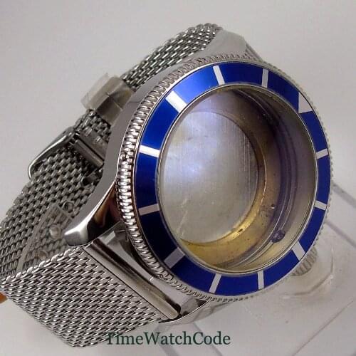 46mm watch case Watch Band parts fit for Miyota8215 821A ETA2836 Mingzhu2813 Movement Alloy Bezel Insert Mesh Strap