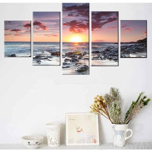 5 Panel Waves Wall Art HD Print Paintings Modular Posters Pictures Canvas On Beach At Sunset Seascape Home Decor Modern