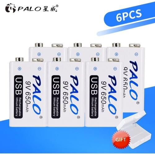 PALO 6pcs USB 9V 6F22 650mAh Rechargeable Battery 9 volt fast charging lithium li-ion li ion liion batteries