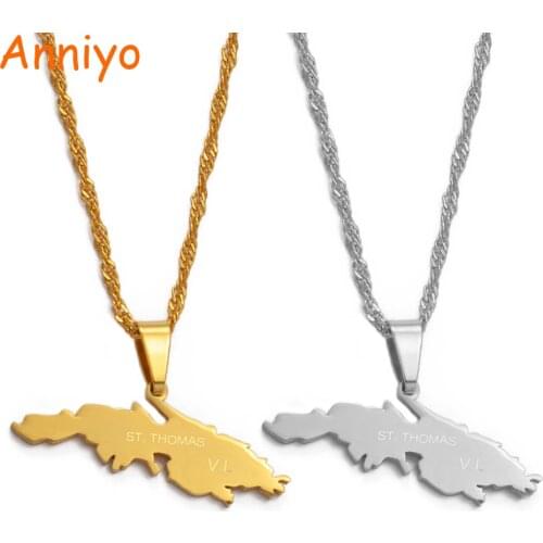 Anniyo St. Thomas V.I. Charm Pendant Necklaces Gold Color Saint Thomas Island Map Jewelry Gifts #020421