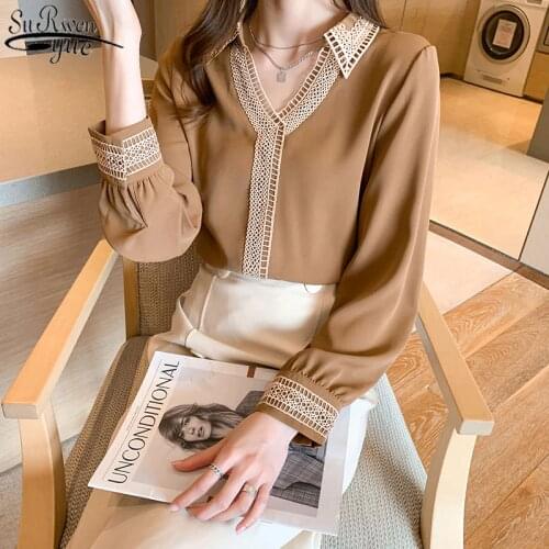 Spring New V-Neck Long Sleeve Solid Tops Chic Hollow Embroidery Splicing Blouse Women Plus Size Satin Silk Shirt Ladies 13094