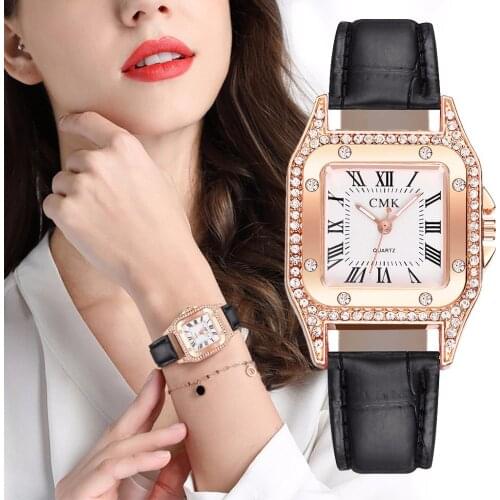 Woman Watch Luxury Square Diamond Watches Women Minimalist Casual Dress Quartz Wristwatch Black Leather Clock relojes para mujer