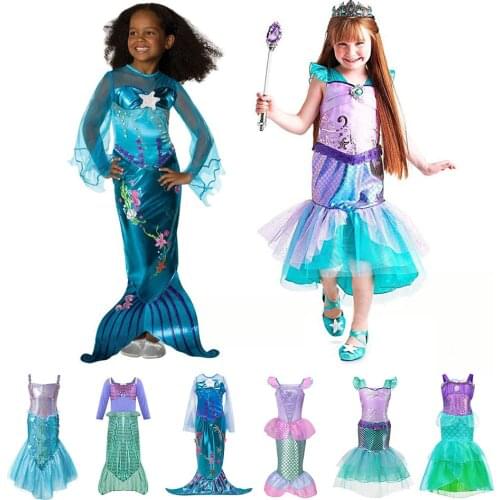 Kids Girl Little Mermaid Princess Arier Dress Cosplay Costume Children Halloween Clothes Green Fancy Dress for Girls Party Prom