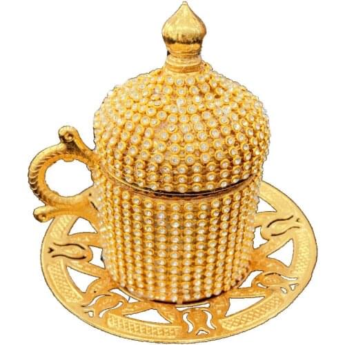 Turkish coffee Gold Looking Swaroski Stone Oval Tray Gold Two Personality Coffee Cup Suit Turkish Arab Greek Fas Coffee Set