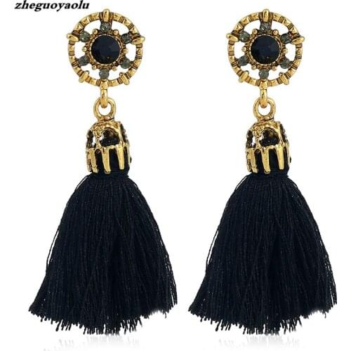 2017 Hot Sale Bohemian Vintage Long Drop Tassel Earrings Metal Hollow Out Rhinestone Dangle Earrings Brinco For Women