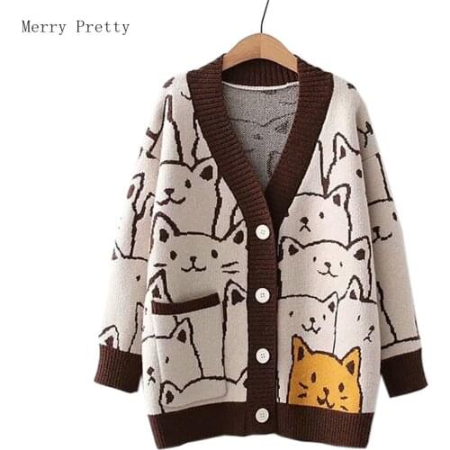 Harajuku Kawaii V Neck Cardigans Women Cute Cat Vintage Winter Knitted Sweaters Female Retro Long Sleeve Outwear Knitwear Coat