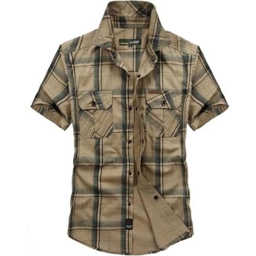Brand Army Military Style Shirt Men 2019 Summer 100% Cotton Plaid Short Sleeve Mens Shirts Plus Size 4XL 5XL Camisa Masculina