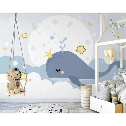 Beibehang mural New Nordic childrens room wallpaper hand-painted cartoon moon cloud whale background wallpaper home decoration