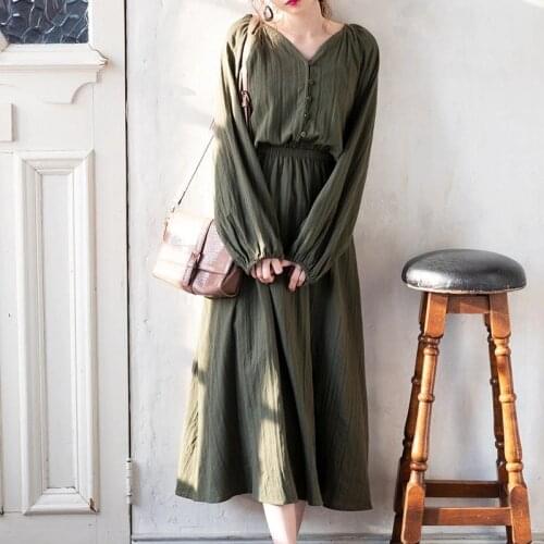 New Japanese Retro Simple Army Green Slim Waist Dress 2021 Spring& Autumn Leisure Plus Size Loose Women Long Skirt Free Shipping