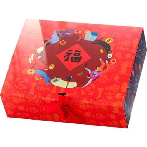 New Year Gift Box Festive Spring Festival Korean Creative Cookie Box Folding Large Capacity Packing Bag Matching Red Ribbon