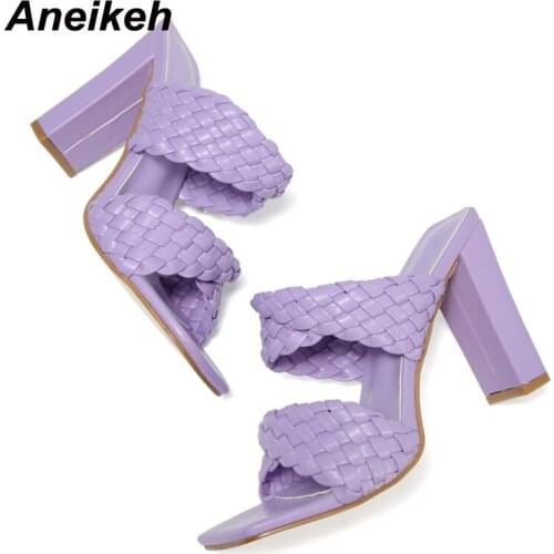 Aneikeh NEW Summer Fashion Weave Slippers Sexy Stiletto Heels Shallow PU Mules Ethnic Peep Toe Pumps Women Shoes Party Checkered