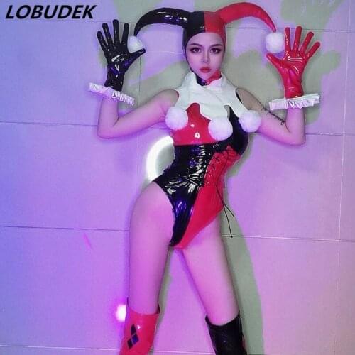 New Sexy Nightclub Bar Dancer Team Costume Red Black Lacquer Bodysuit Ox Horn Headdress Set Clown Role-playing Cosplay Costume