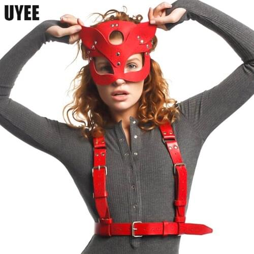 UYEE Women Sexy Wear Red Harness Lingerie Belt Sexy Body Bondage Garter Wide PU Leather Suspenders Goth Party Mask Fashion Belts
